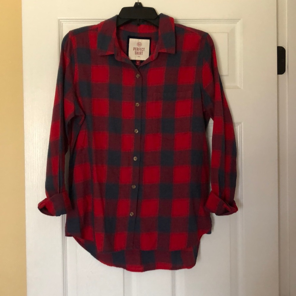 Red and Navy Blue Button Up Shirt!